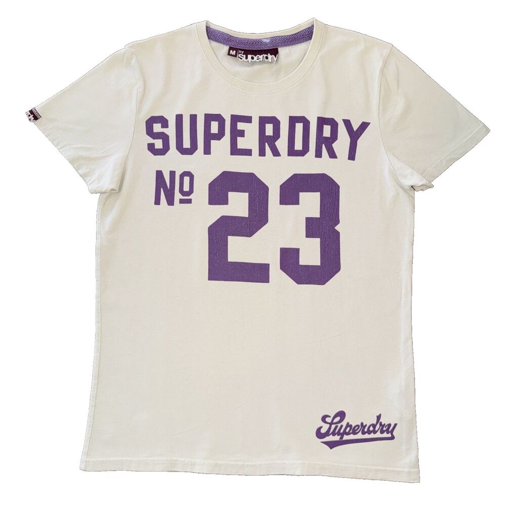 Superdry Y2K Graphic T Shirt Cream Purple Logo Cotton Crewneck Casual Tee M